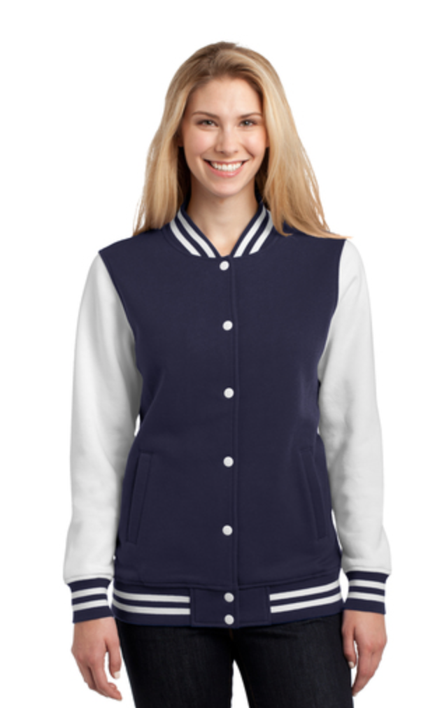 Sport-Tek Ladies Fleece Letterman Jacket - True Navy/White